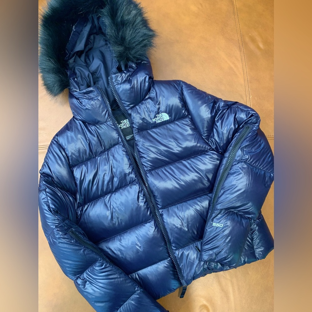 North Face Navy Blue Down Puffer Jacket, 550, Women’s Small, Faux Fur Hood, Nice